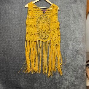 Rock & Roll Cowgirl Crochet Fringe Vest Mustard Yellow Festival Boho Small